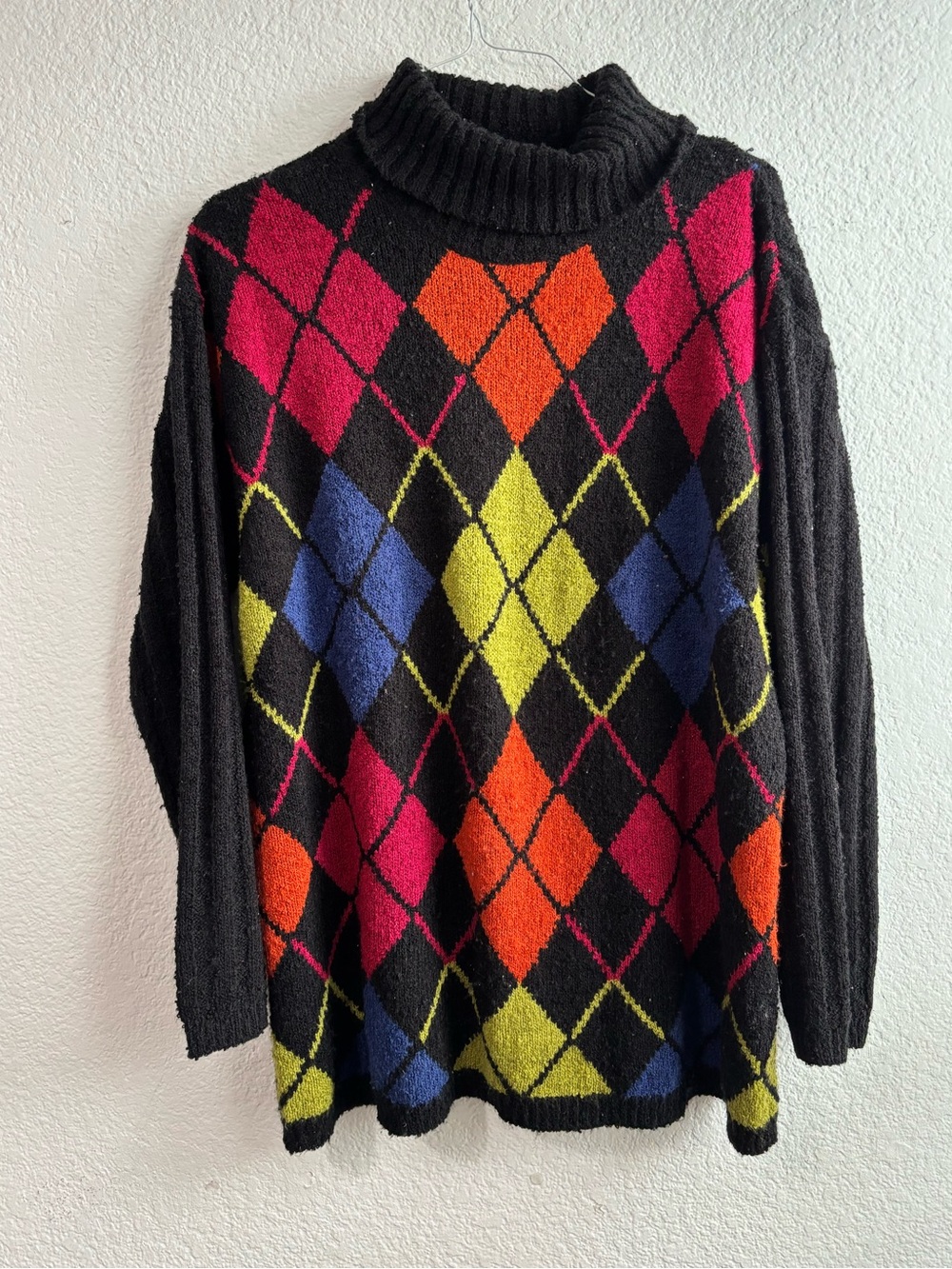 Vtg 90s Designers Originals Black Argyle Turtleneck Tunic Sweater Large